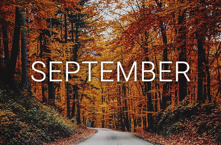 En höstskog med texten September