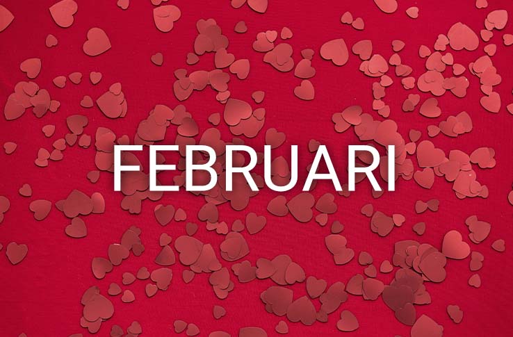 Röd bakgrund med hjärtan och texten Februari