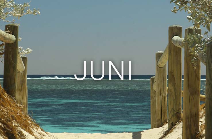 En strand och vatten i bakgrunden med texten Juni