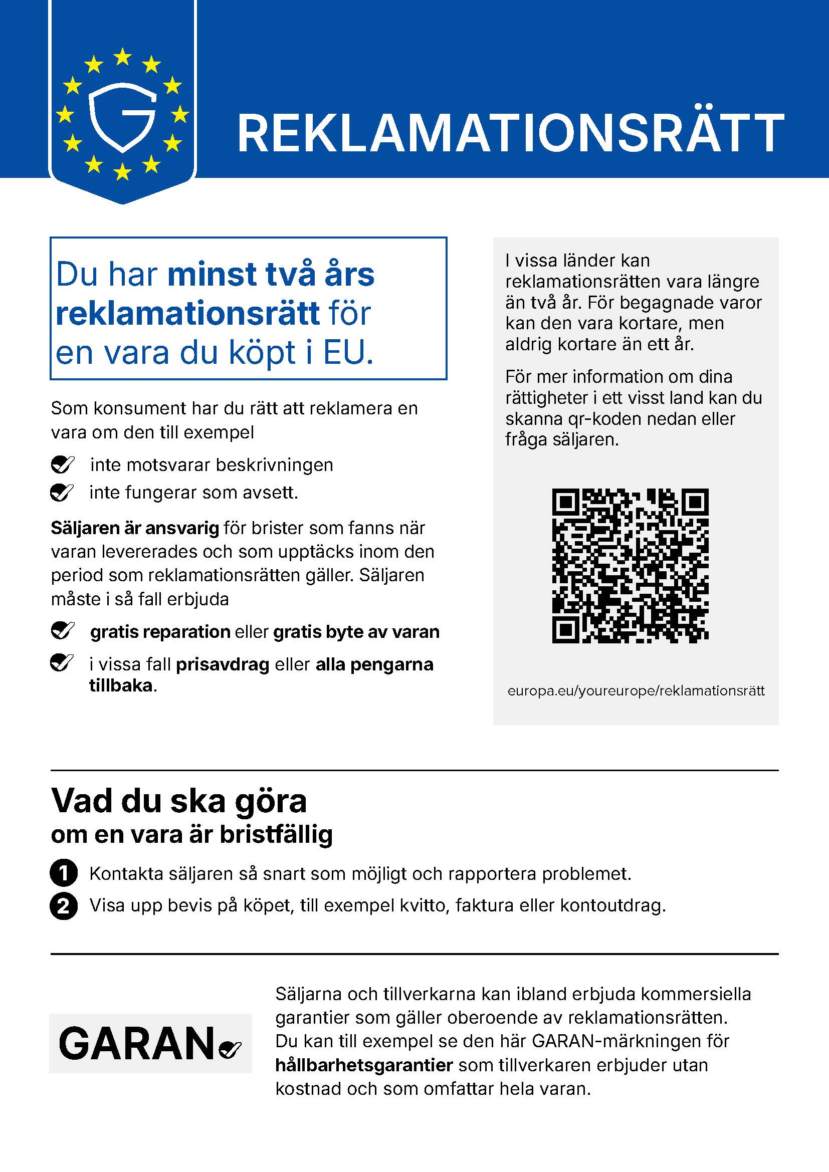 EU-meddelande om reklamationsrätt: minst två års reklamationsrätt för varor köpta i EU